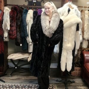 Stunning Black Mink Long Coat with Fox Fur Trim